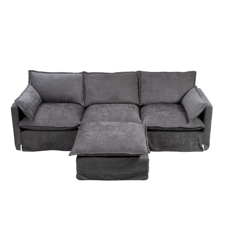 93.31 Faux Linen Modular Sectional Sofa with Ottoman, Wood Frame