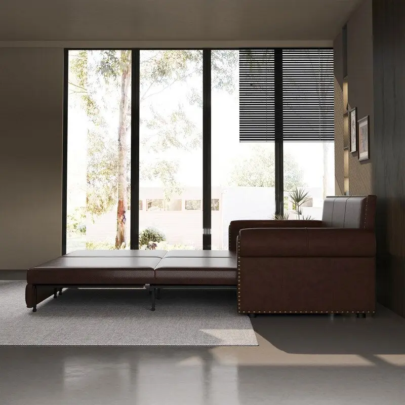 Chesterfield Sofa Bed, King Pull Out Sofa Bed, Velvet/Faux Leather Convertible Sleeper Sofa w/ Nailhead Trim & Rolled Arm