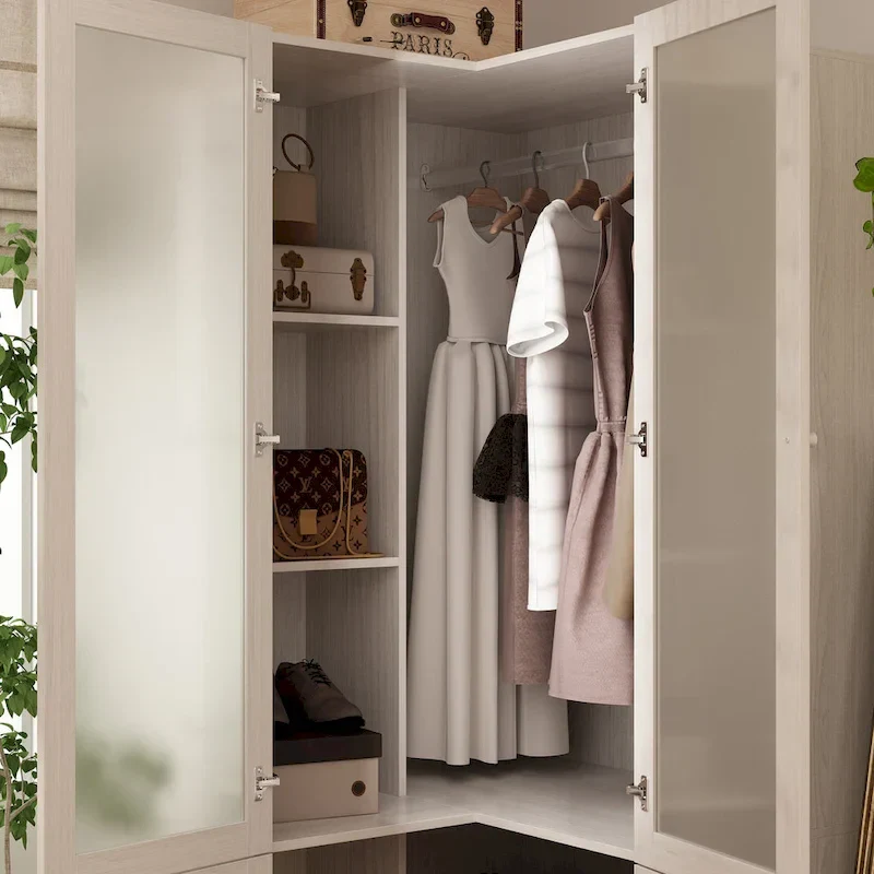 Large Frosted Glass Wardrobe with Soft-Close Hinges | MDF Construction | Light Gray Wood Grain | Gold Handles | Customizable Walk-In Closet