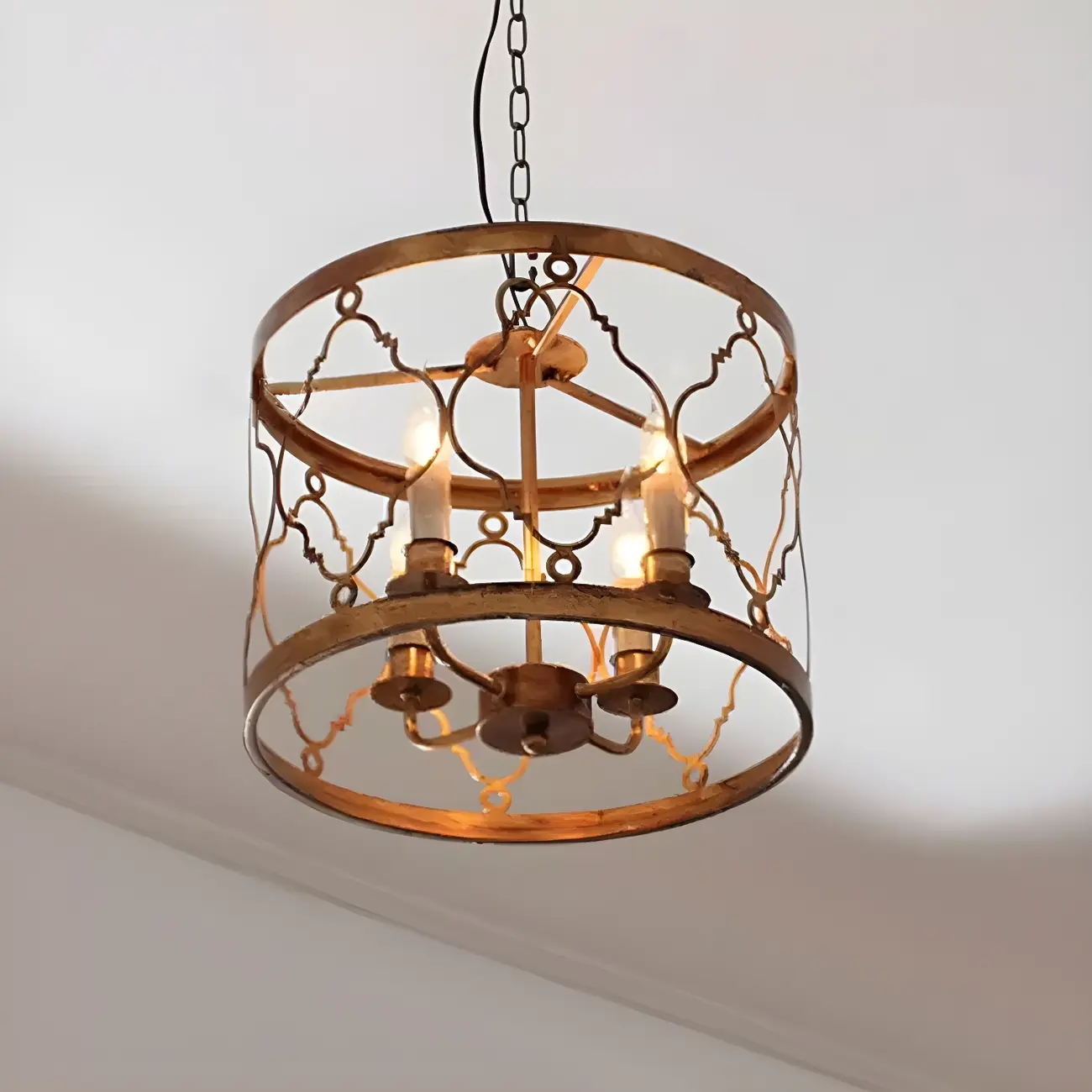 Vintage Golden Drum Cage 4-Light Candelabra Chandelier
