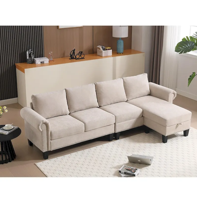 Convertible Sectional Sofa with Storage Ottoman, L-Shaped Couch, Beige, Modern Design