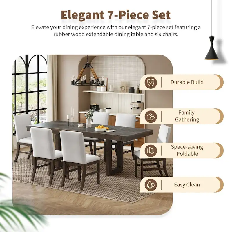 7-Piece 72 Extendable Dining Table Set w/ Butterfly Leaf and 6 Chairs