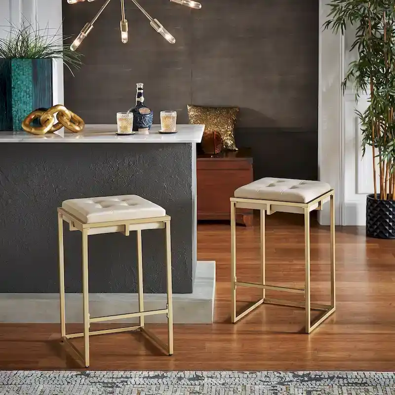 Backless Velvet Button-Tufted Bar Stool with Gold Metal Base & Footrest – Beige / Blue / Green, Counter / Bar Height