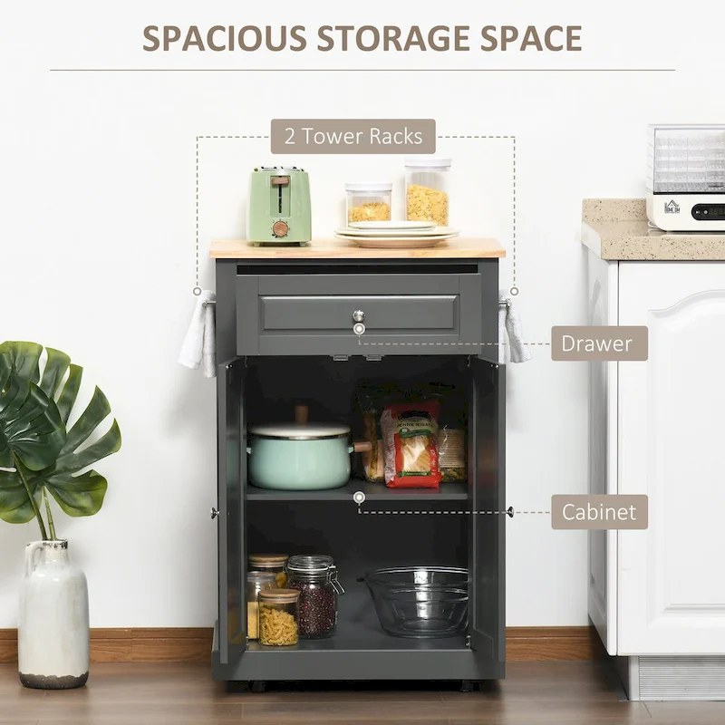 Rolling Kitchen Island Cart with Drawer and Cabinet - Black/Grey/Cream White