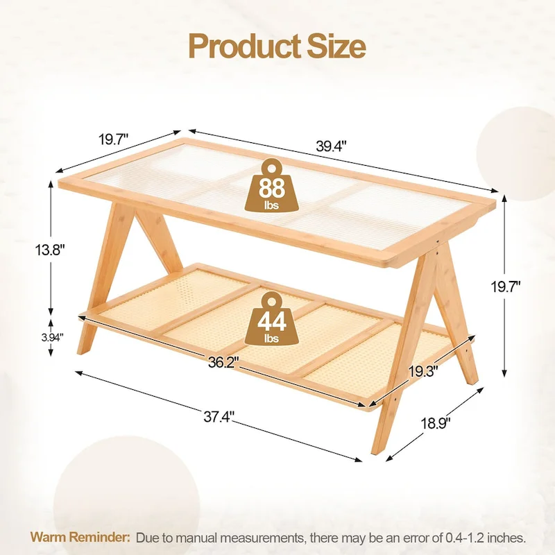 2-Tier Rectangular Coffee Table, Glass Top Sofa Table - 39.4 L x 19.7 W x 19.7 D