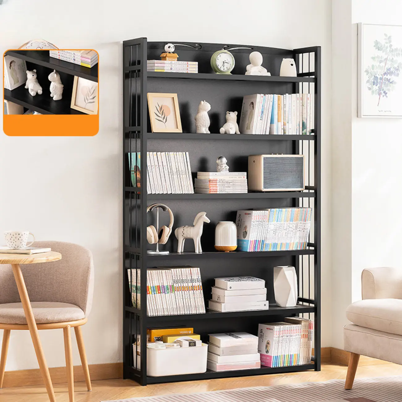 Premium Bamboo Modern Black 5-Shelf Open Bookshelf