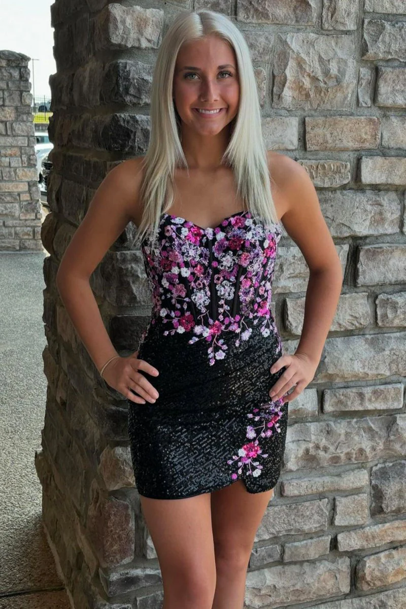 Black - Sweetheart Sequins Short Bodycon Homecoming Dresses With Appliques