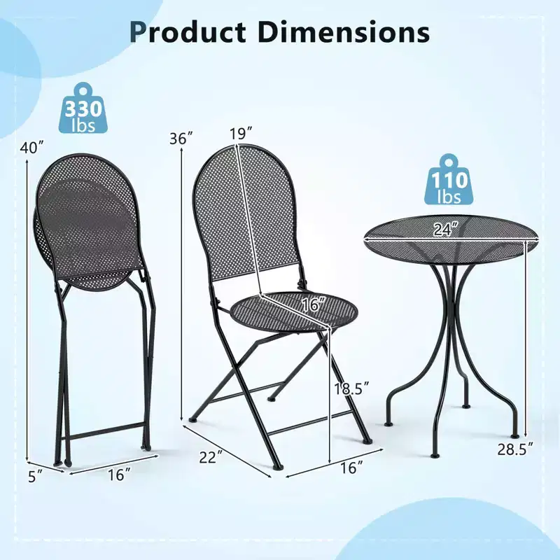 Costway 3 PCS Metal Bistro Set Round Table & 2 Folding Chairs with Rattan-Like Pattern Black/White