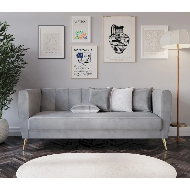 Velvet 3-Seater Sofa with Flared Arms (Includes 4 Throw Pillows)
