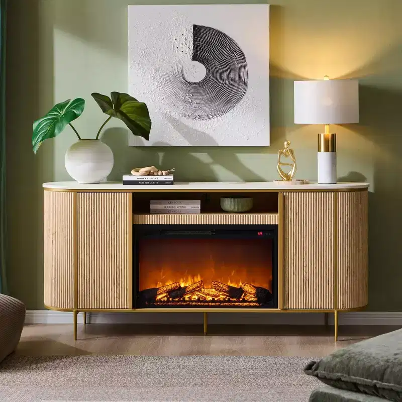 70 Fireplace TV Stand with Faux Marble Top & Fluted Panel Design, Modern Media Console for TVs Up to 80