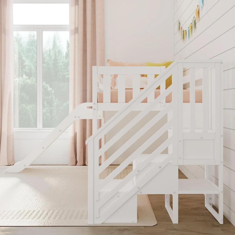 Max and Lily Classic Twin Low Loft with Stairs, Easy Slide and Curtain