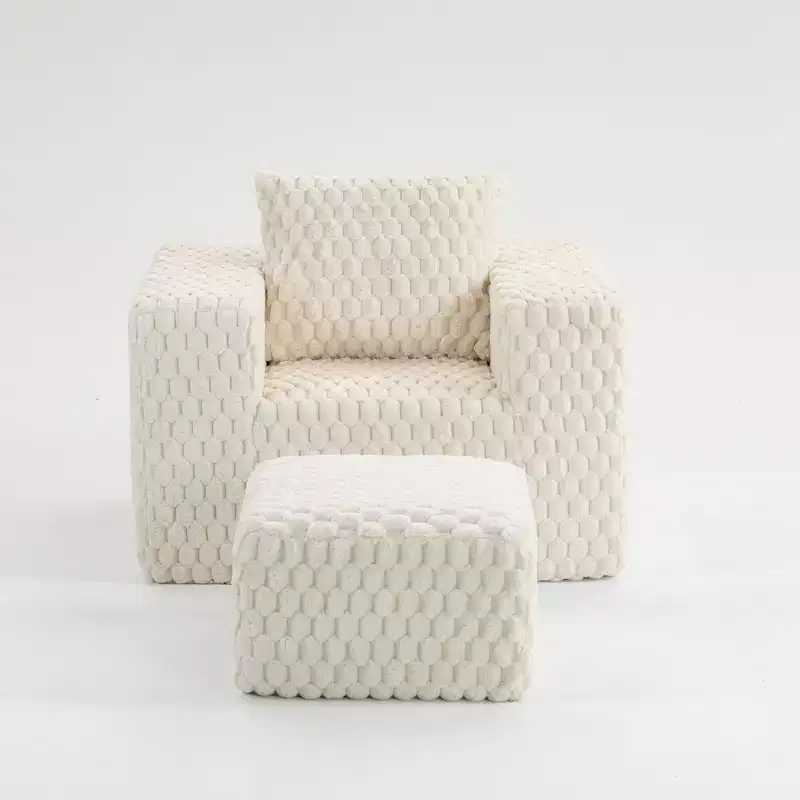 TUYOHW Modern Corduroy Lounge Sofa with Ottoman,Upholstered Ribbed Fabric Couch with High-Density Cushion & Throw Pillow,No Assembly Required,White