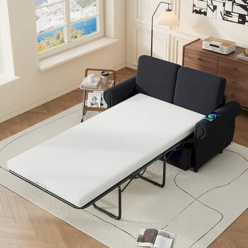 Grey / Brown / Black Pull-Out Sleeper Sofa, 2-Seat, with USB Ports