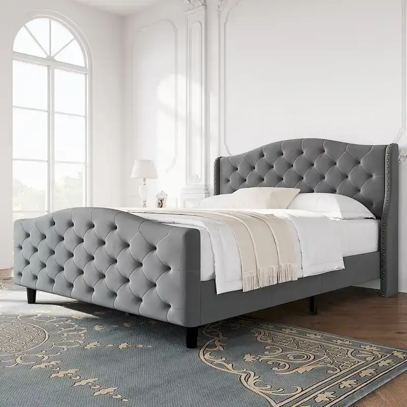 Bed Frame With Velvet Upholstered Headboard And Footboard