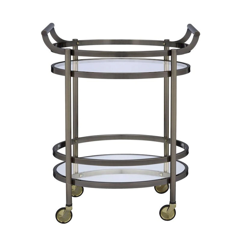Oval Shaped Metal Serving Cart with 2 Shelves, Silver - 34 H x 19 W x 27 L Inches