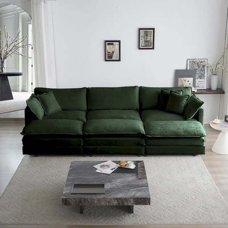 Green 6-Seater U-Shape Sectional Sofa with 3 Ottomans and Pillows
