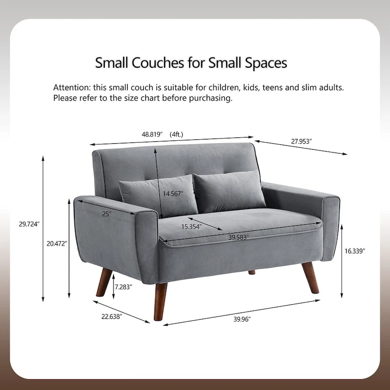 48.82 Small Tufted Loveseat Sofa 2 Set with Tapered Wood Legs