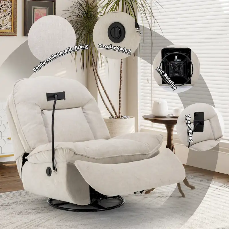 Clihome Adjustable Swivel Chenille Recliner with Phone Holder