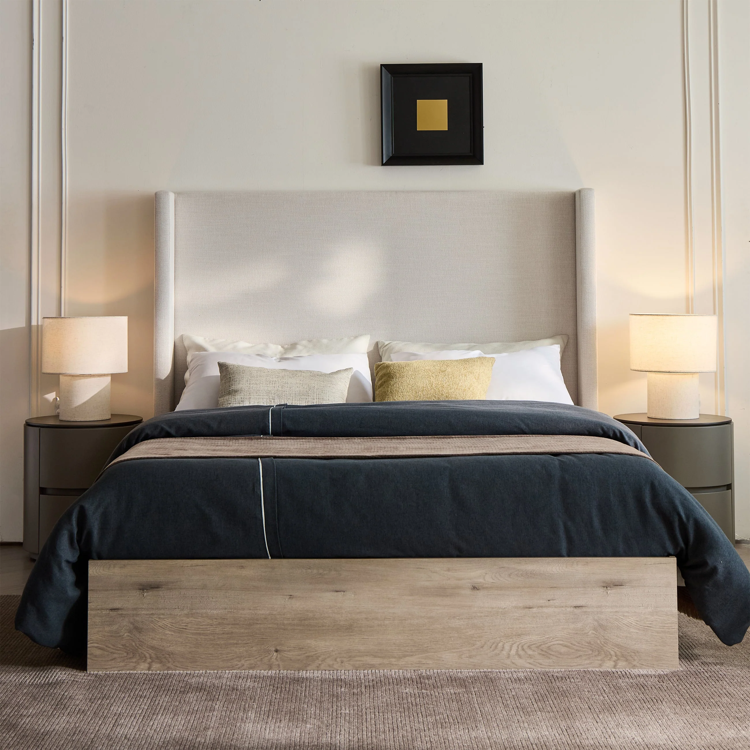 Walker Edison | Shelton 54' Queen Upholstered Wingback Bed and Wood Base