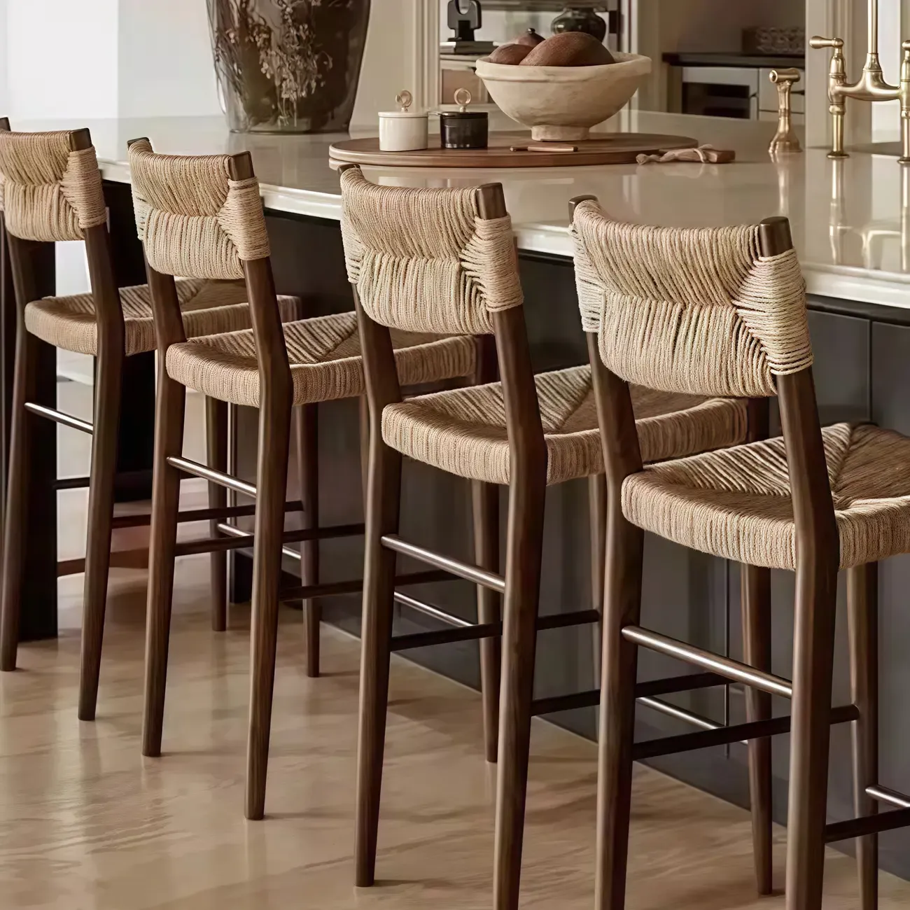 Natural Wood Woven Seat Low Back Bar Stools