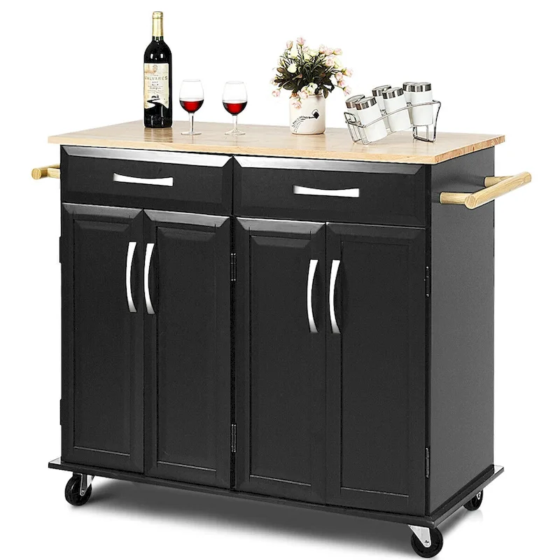 Costway Rolling Kitchen Trolley Island Black Cart Wood Top Storage