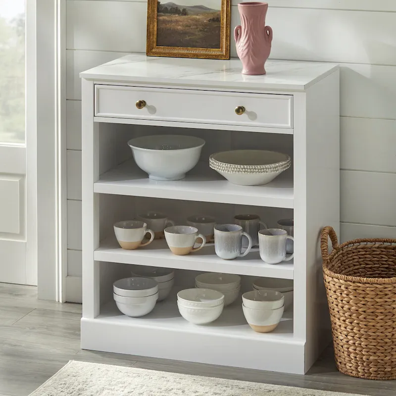 White Farmhouse 1-Drawer Cabinet with Shelves – Faux Marble Top