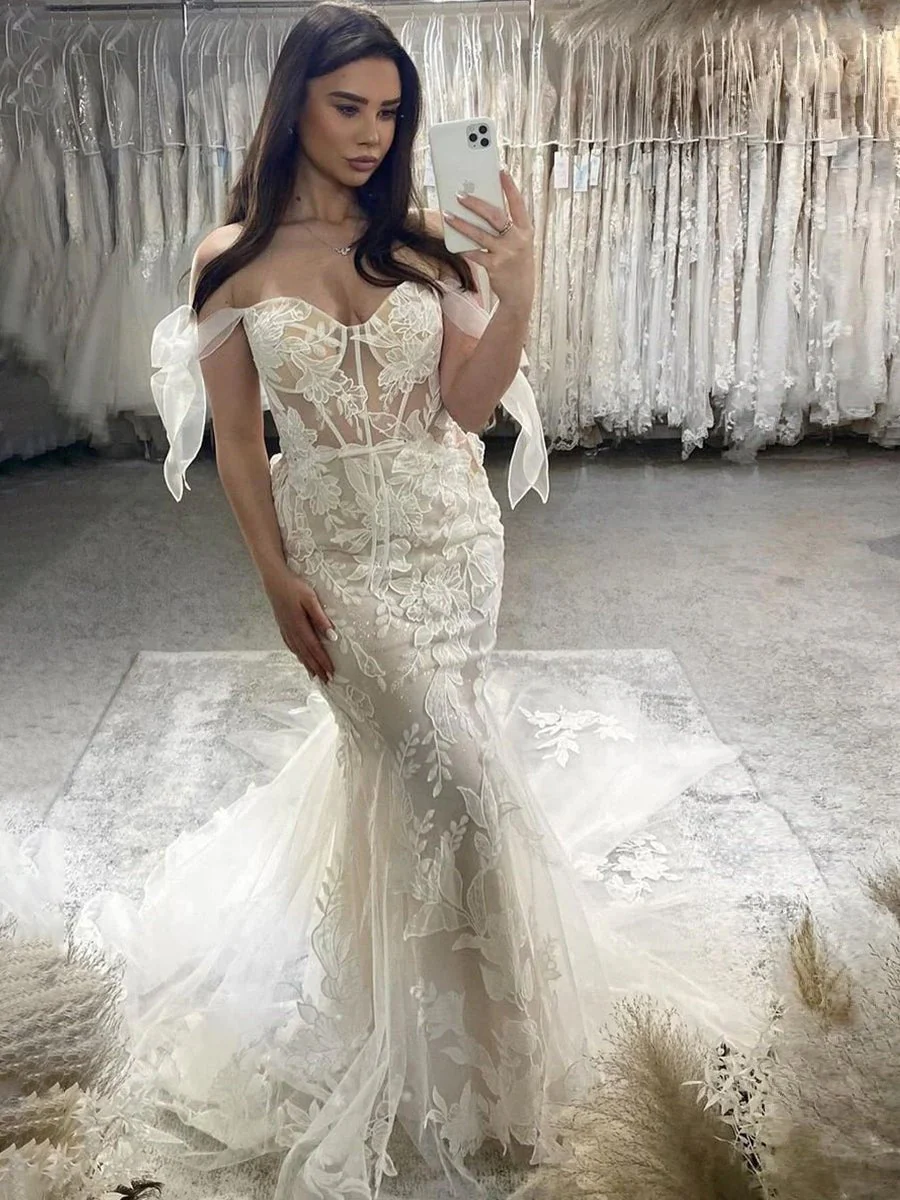 Princess Mermaid Off the Shoulder Lace Appliques Wedding Dresses