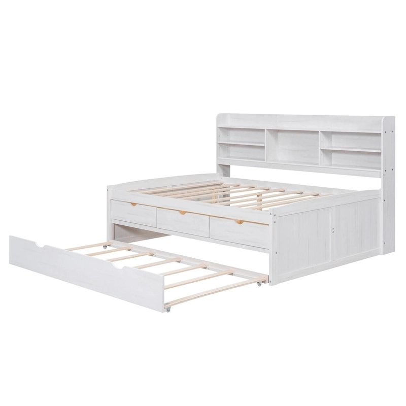 Full Pine Captain Bed with Shelves, Drawers & Trundle