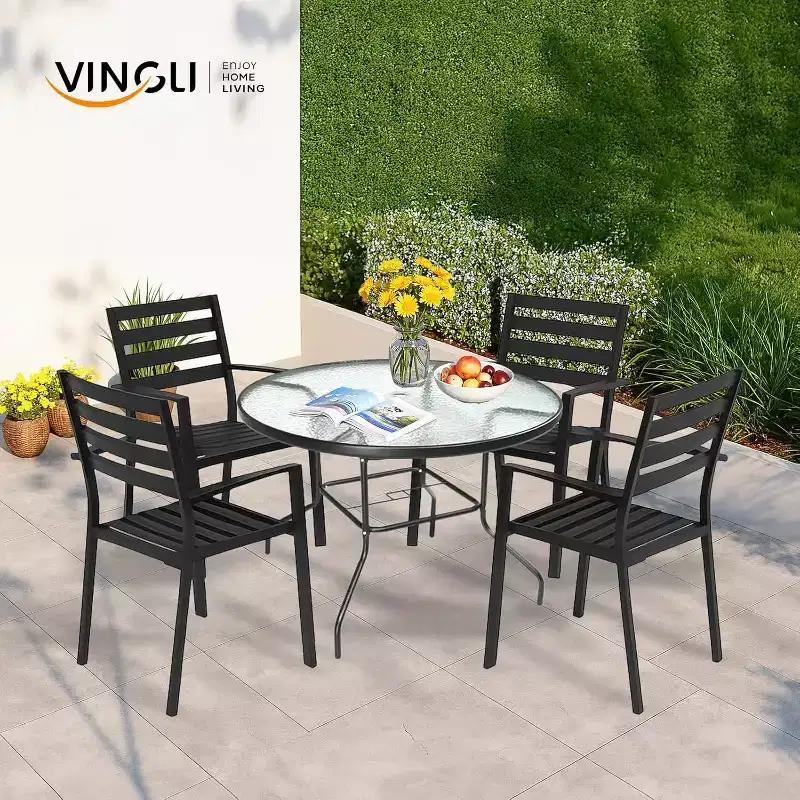 VINGLI Round Patio Table with Umbrella Hole, 40 Outdoor Dining Table Steel Tempered Glass Patio Tables Round Outdoor Tables