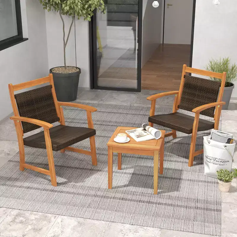 Costway 3PCS Patio Rattan Bistro Set Acacia Wood Frame Armrest Chairs Garden