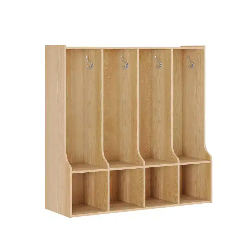 4-Section Classroom Coat Locker with 4 Cubbies, Daycare Cubby Storage Organizer with 8 Hooks for Home, Nursery, School,Kindergarten
