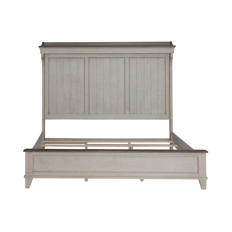 White Weathered Linen King Mantle Panel Bed with Touch LED Headboard & Dusty Taupe Accents – 2-Person