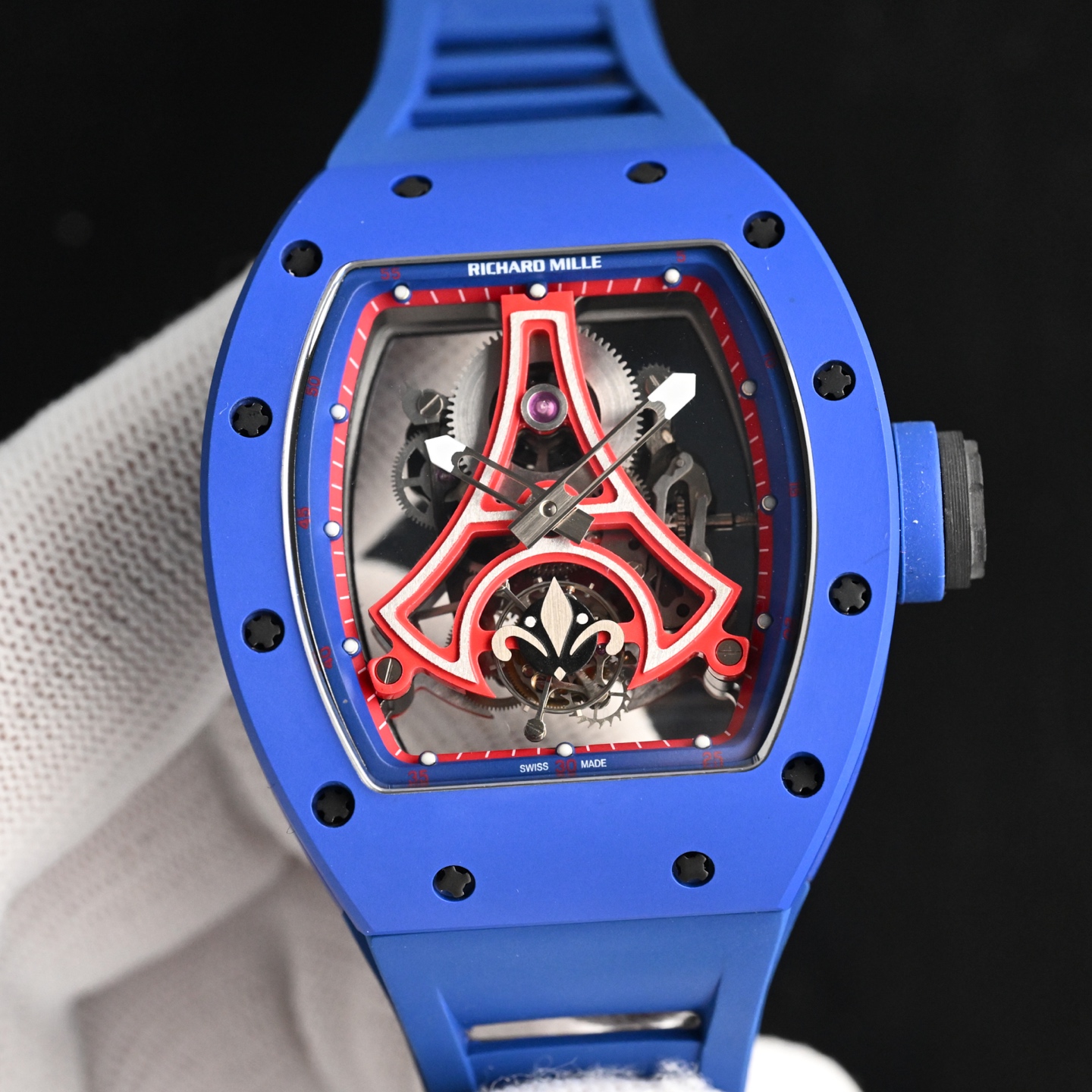 Blue Richard Mille replica tourbillon front dial with red skeleton bridge