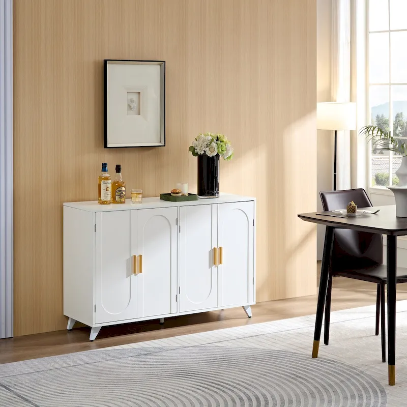 White 4-Door Sideboard Buffet Cabinet, Gold Accent, Water Ripple Design