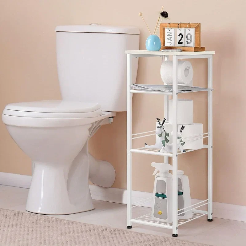 White/Brown & Black 4-Tier Bathroom Shelf with Toilet Paper Holder