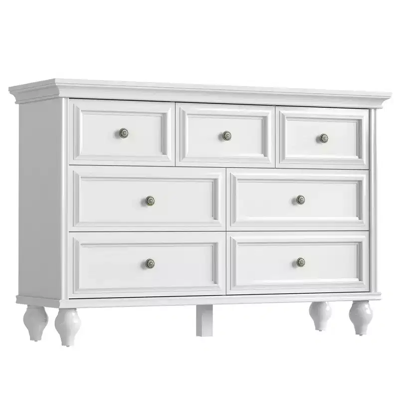 7 drawer dresser, large storage dresser, chest of drawers, white wood storage cabinet, solid wood legs, suitable for bedroom, living room, entryway