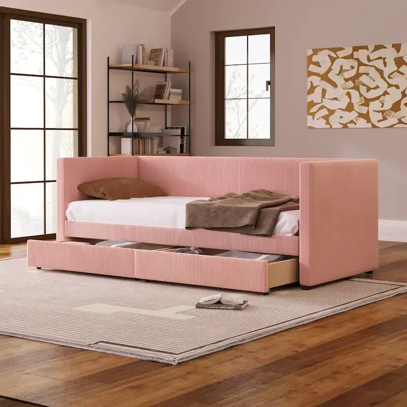 Pink / Blue / Gray / Beige Corduroy Upholstered Twin Daybed with 2 Storage Drawers – Modern Style, Seats / Sleeps 1