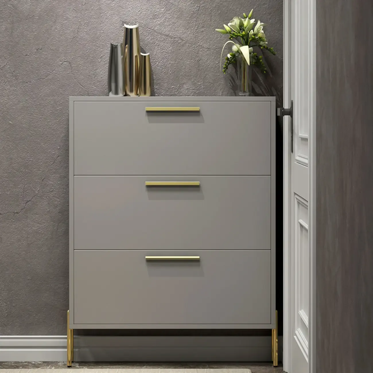 3-Tier Narrow Dark Gray Drop-Front Wood Shoe Cabinet