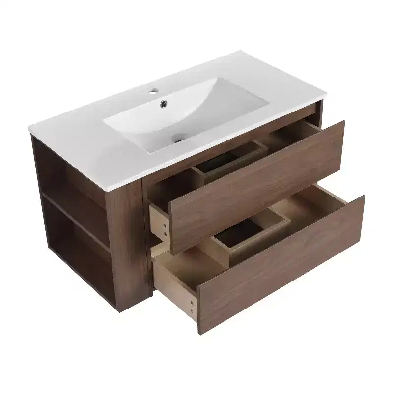 Floating Bathroom Vanity with White Ceramic Sink, Wall Mounted Bathroom Vanity Cabinet with 2 Soft Close Drawers & Open Storage Shelf