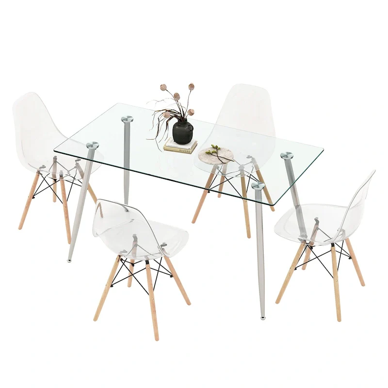 5 PCS Dining Table Set 51 Modern Rectangular Glass Table & 4