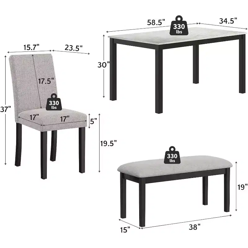 Zevemomo 6-Piece Wood Dining Table Set with Upholstered Chairs and Bench for Dining Room, Kitchen, Restaurant, Black