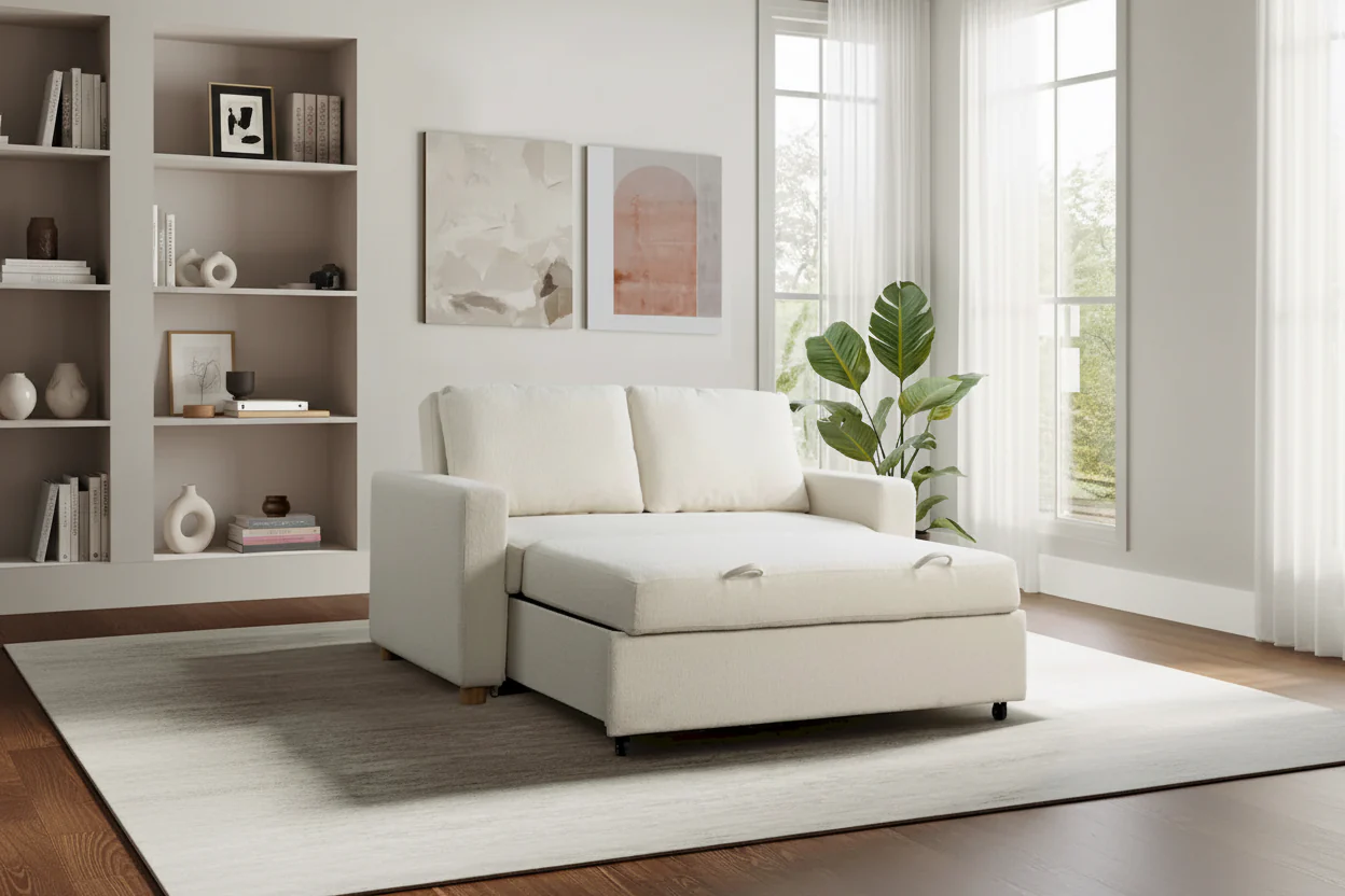 Gray Boucle Convertible Loveseat – Sofa / Lounger / Bed, 2-Seat
