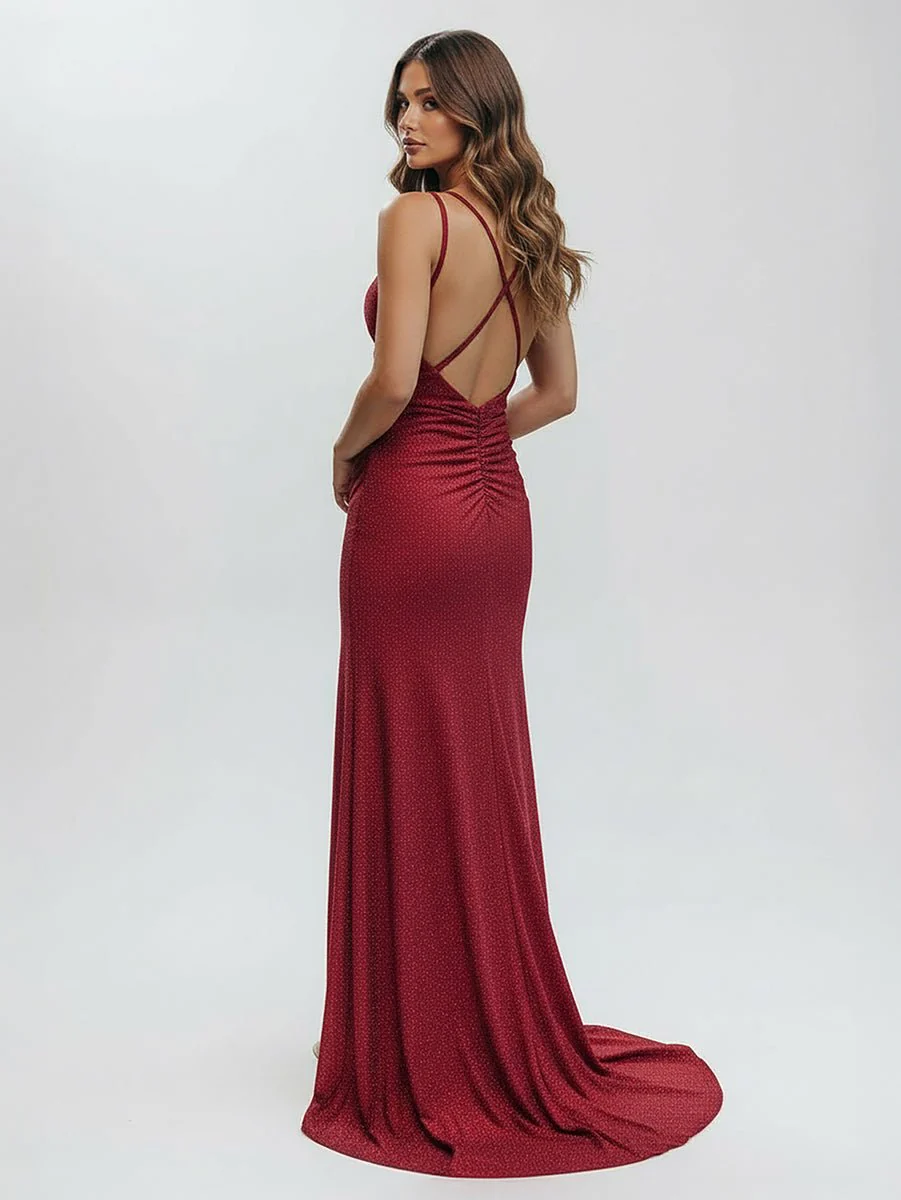 Mermaid V Neck Glitter Jersey Long Prom Dress with Slit