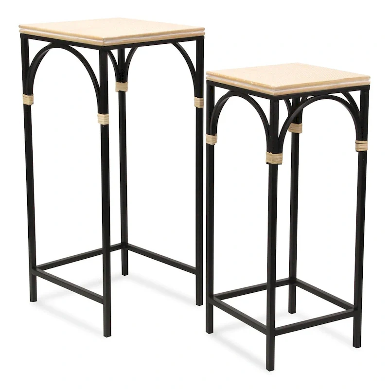 Claudette Set of 2 Rattan Accented Wood & Metal Square Side Tables