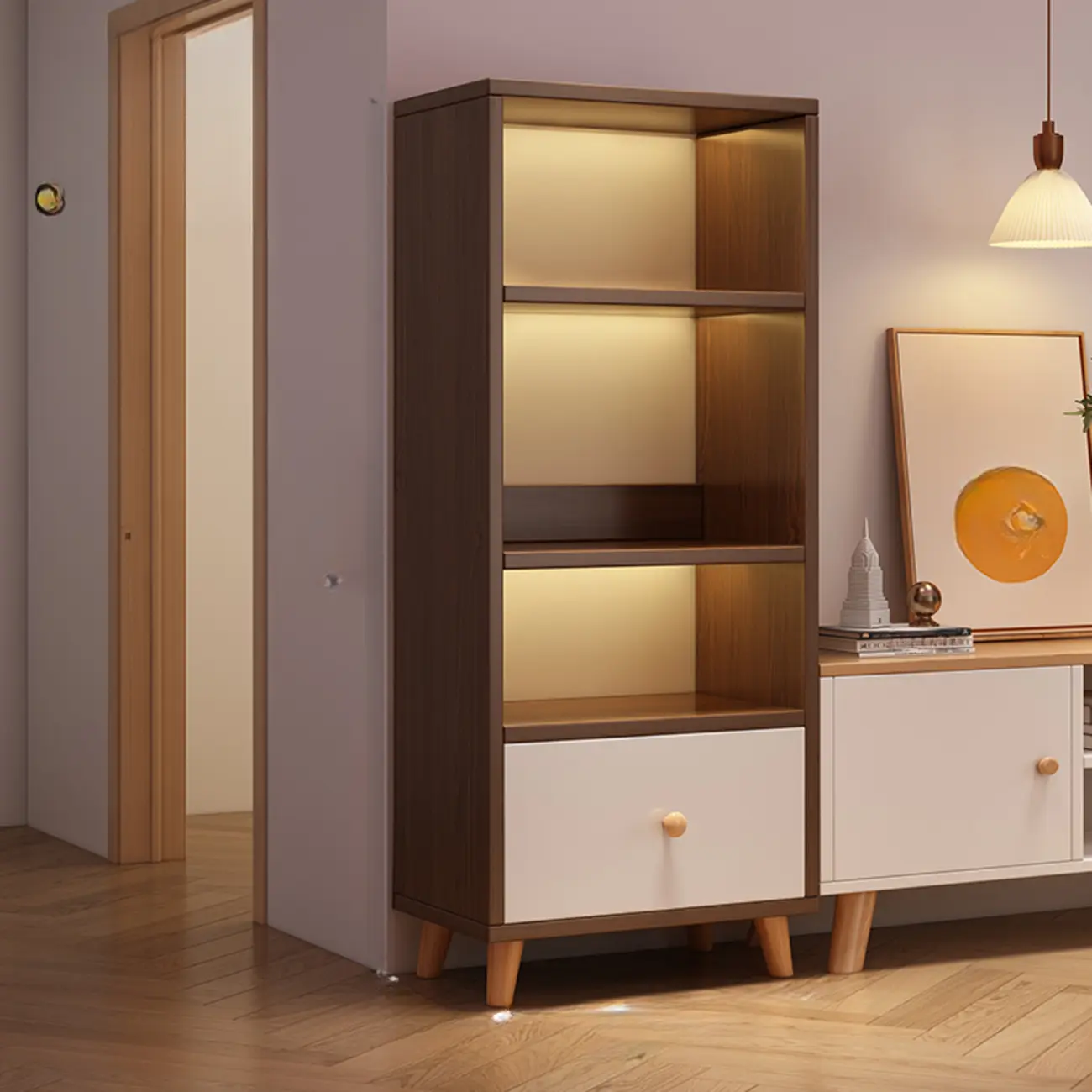 Tall Gray 4-Tier Open Back Wood Bookshelf with Drawer