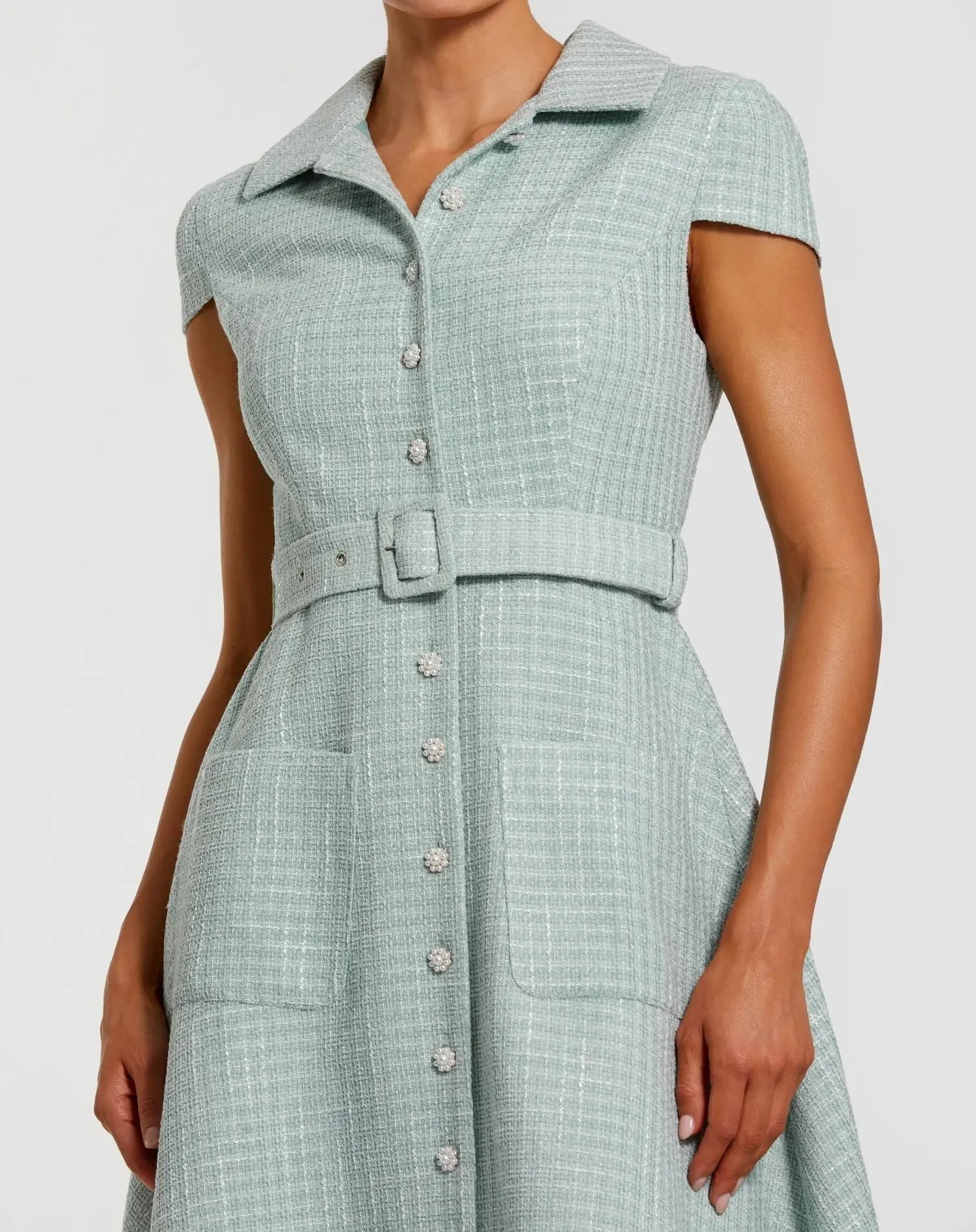 Light Blue Boucle Cap Sleeve Button Up Midi Dress