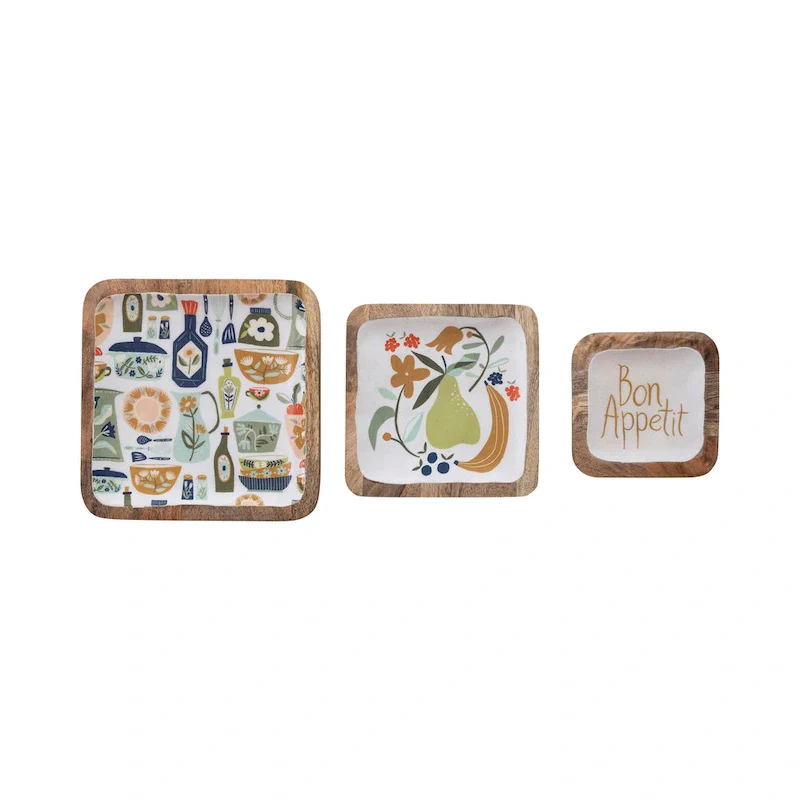 Enameled Mango Wood Trays with Kitchenware Pattern - 10.0 L x 10.0 W x 0.8 H - 10.0 L x 10.0 W x 0.8 H