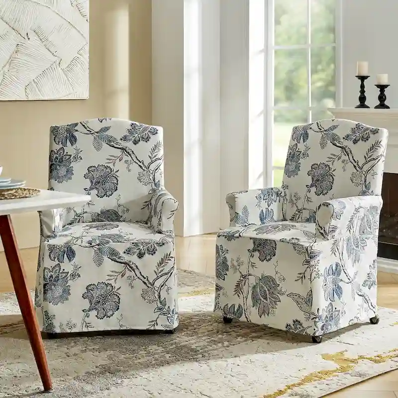 Upholstered Slipcover Arm Dining Chairs with Solid Wood Legs Set of 2
