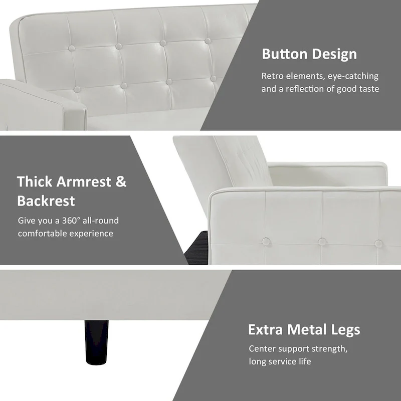 74.4 L Faux Leather Full Handcrafted Button Tufted Sofa 3-Seat, Convertible Sleeper Couch Adjustable Backrest