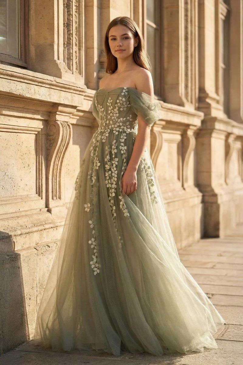 Gray Green Off The Shoulder Tulle Prom Dress With Appliques